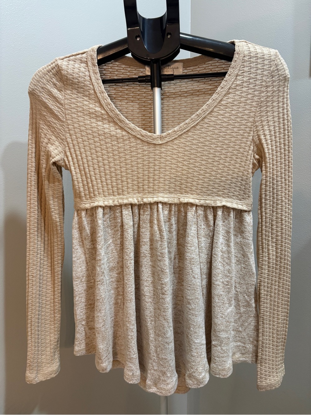 Neutral Waffle-Knit Peplum Long-Sleeve Tunic